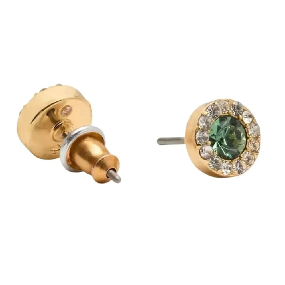 Kate Spade “You’re a Gem” Pavé Halo Stud Earrings Green Crystal Gold Tone NWT